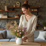 Femme arrangeant un bouquet de fleurs dans un salon moderne