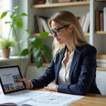 Femme professionnelle consultant un guide immobilier en ligne sur tablette dans un bureau moderne