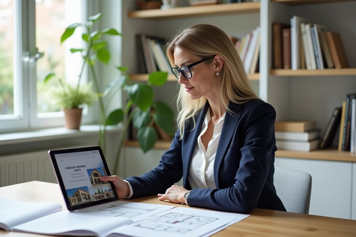Femme professionnelle consultant un guide immobilier en ligne sur tablette dans un bureau moderne