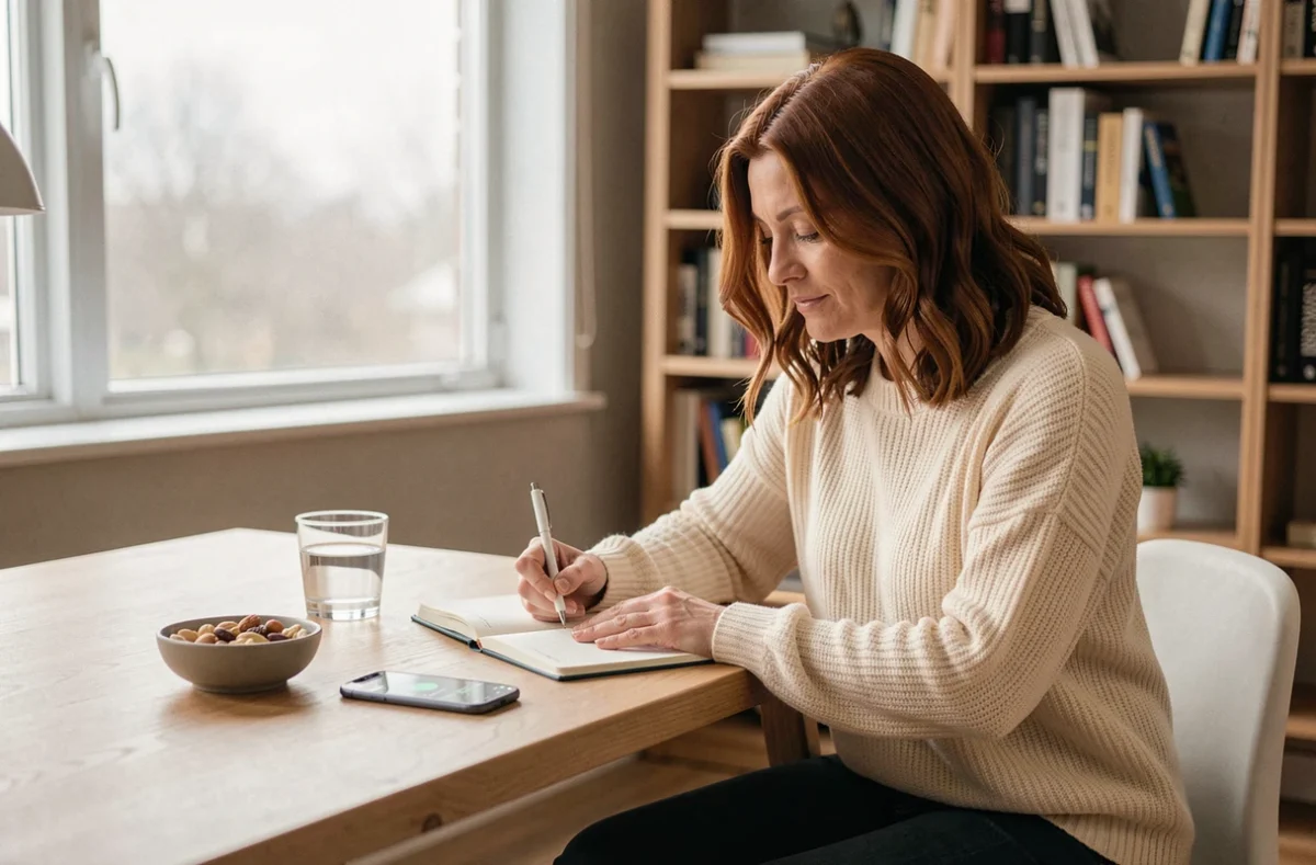 Femme écrivant dans un journal de bien-être à son bureau pour suivre ses progrès de perte de poids