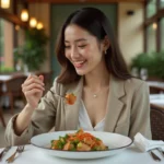 Jeune femme dégustant un plat dans un restaurant élégant