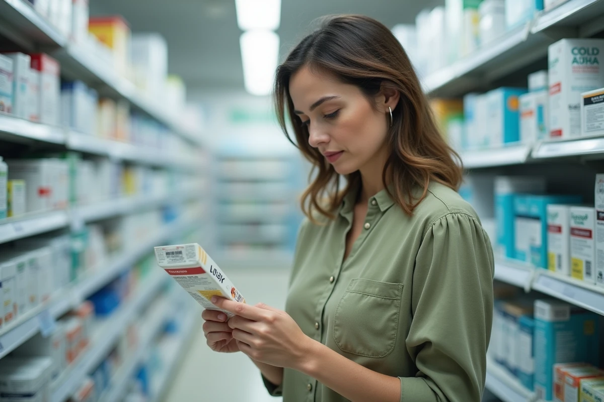 Femme lisant l'emballage d'un dispositif de sécurité pour enfant dans le rayon d'une pharmacie