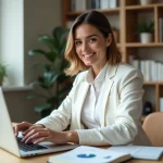 Femme professionnelle travaillant sur son business en ligne depuis un bureau à domicile moderne et organisé