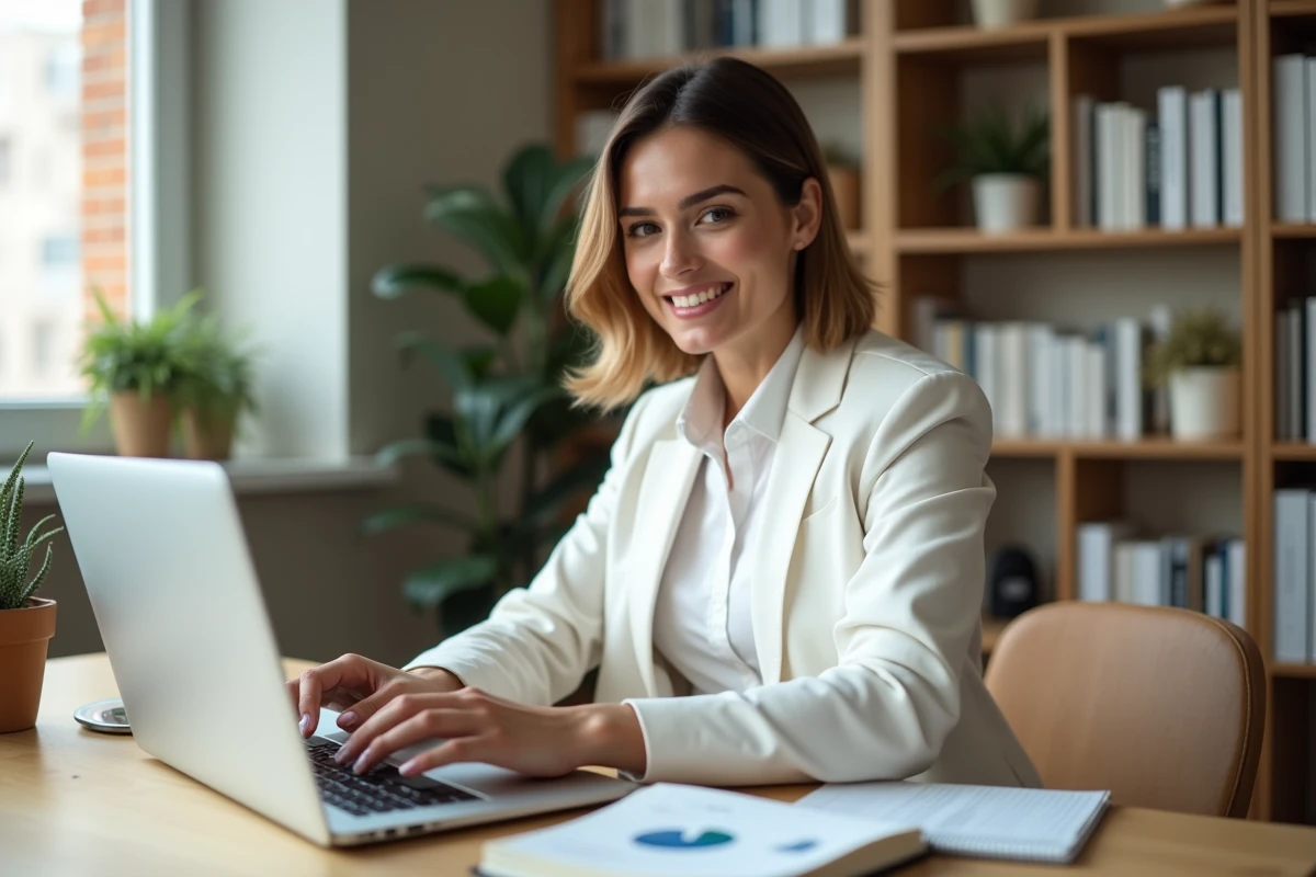 Femme professionnelle travaillant sur son business en ligne depuis un bureau à domicile moderne et organisé