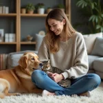 Jeune femme avec chat et chien dans un salon cosy