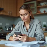 Femme réfléchissant avec papiers dans une cuisine moderne