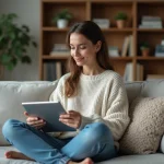 Femme détendue dans un salon moderne avec tablette