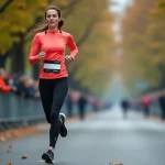 Femme de 35 ans courant un semi-marathon en ville avec un dossard, allure de course soutenue sur route urbaine