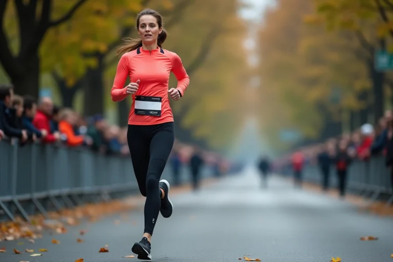 Femme de 35 ans courant un semi-marathon en ville avec un dossard, allure de course soutenue sur route urbaine