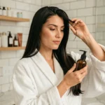 Femme appliquant un soin capillaire Vermogal sur ses cheveux longs et brillants dans une salle de bain moderne