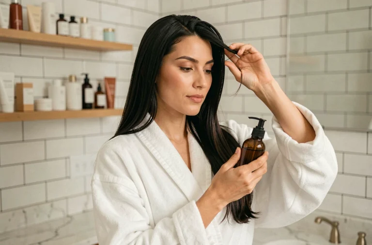 Femme appliquant un soin capillaire Vermogal sur ses cheveux longs et brillants dans une salle de bain moderne