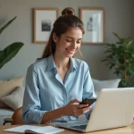 Jeune femme concentrée travaillant à domicile avec ordinateur