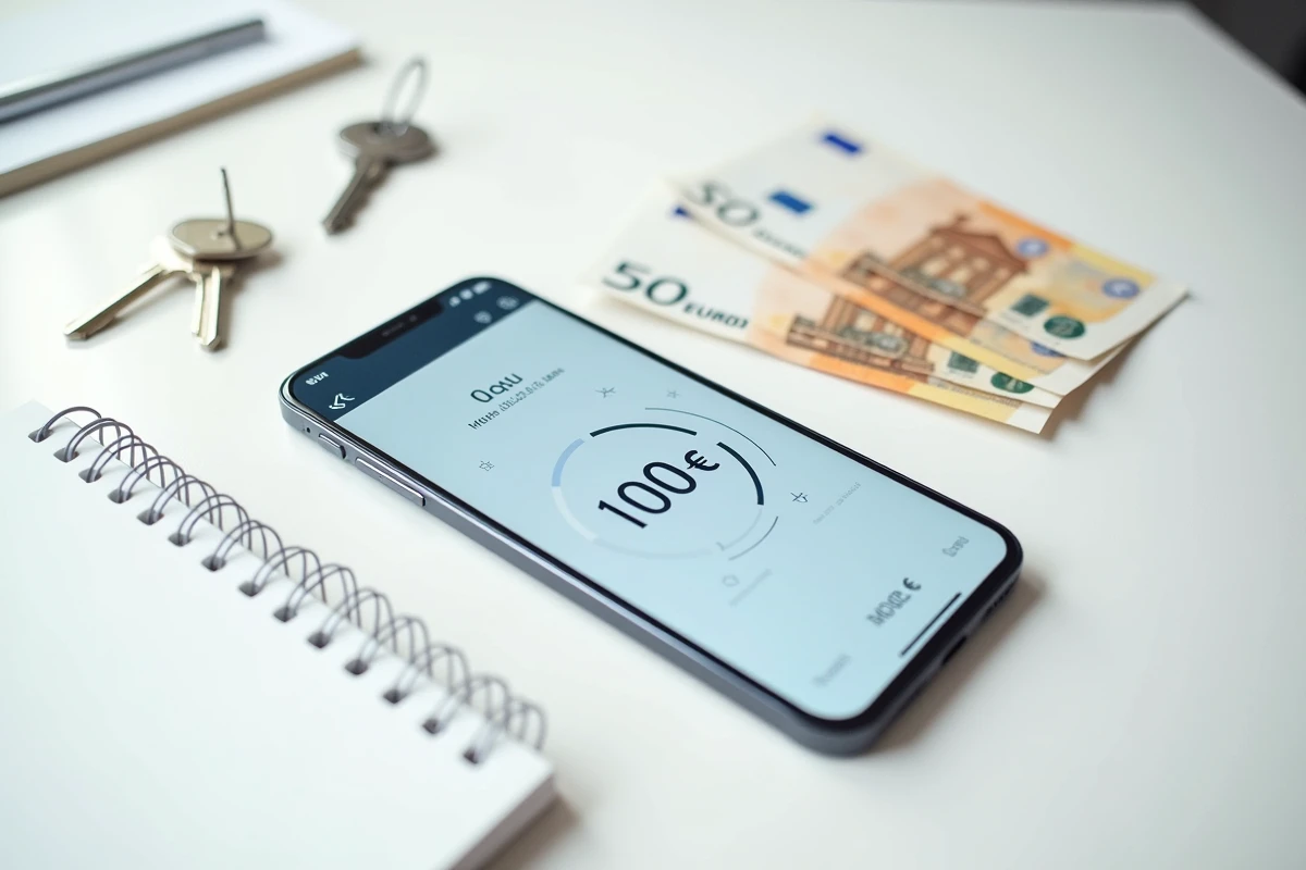 Vue aérienne d'un smartphone avec une application de prêt de 100 euros entouré de billets et de clés