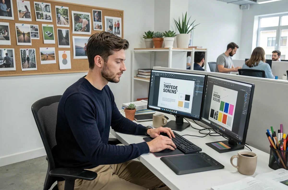 Graphiste masculin travaillant sur une campagne visuelle dans un bureau d'agence moderne ouvert