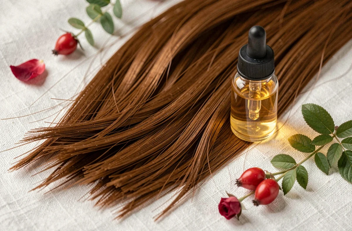 Gros plan sur des cheveux sains et brillants avec un flacon de sérum capillaire Vermogal posé sur du lin blanc