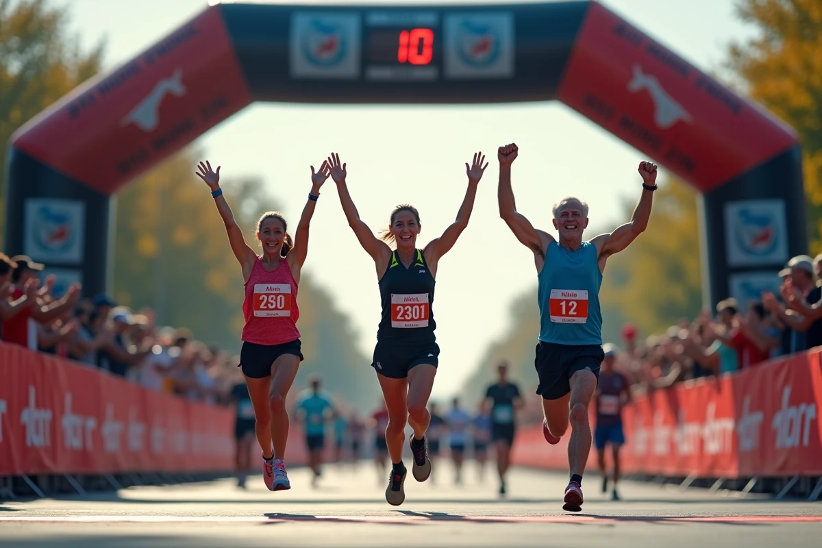 Groupe de coureurs de différents âges franchissant la ligne d'arrivée d'un semi-marathon sous une arche chronométrée