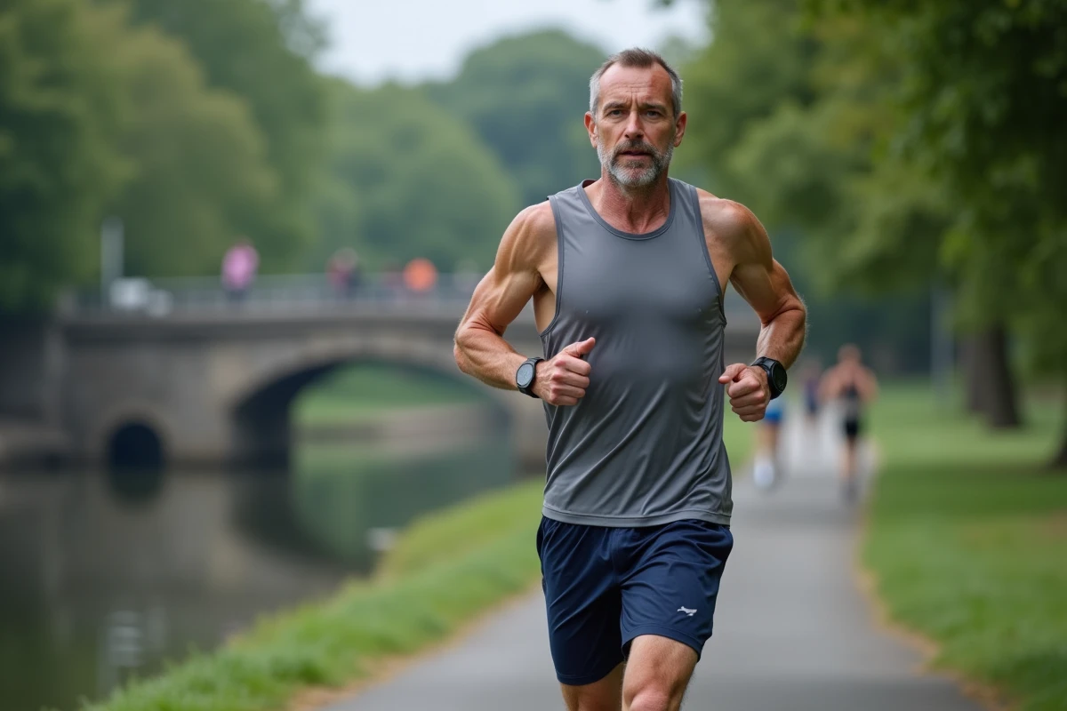 Coureur de 48 ans lors d'un semi-marathon sur chemin de rivière, montre GPS au poignet, expression concentrée