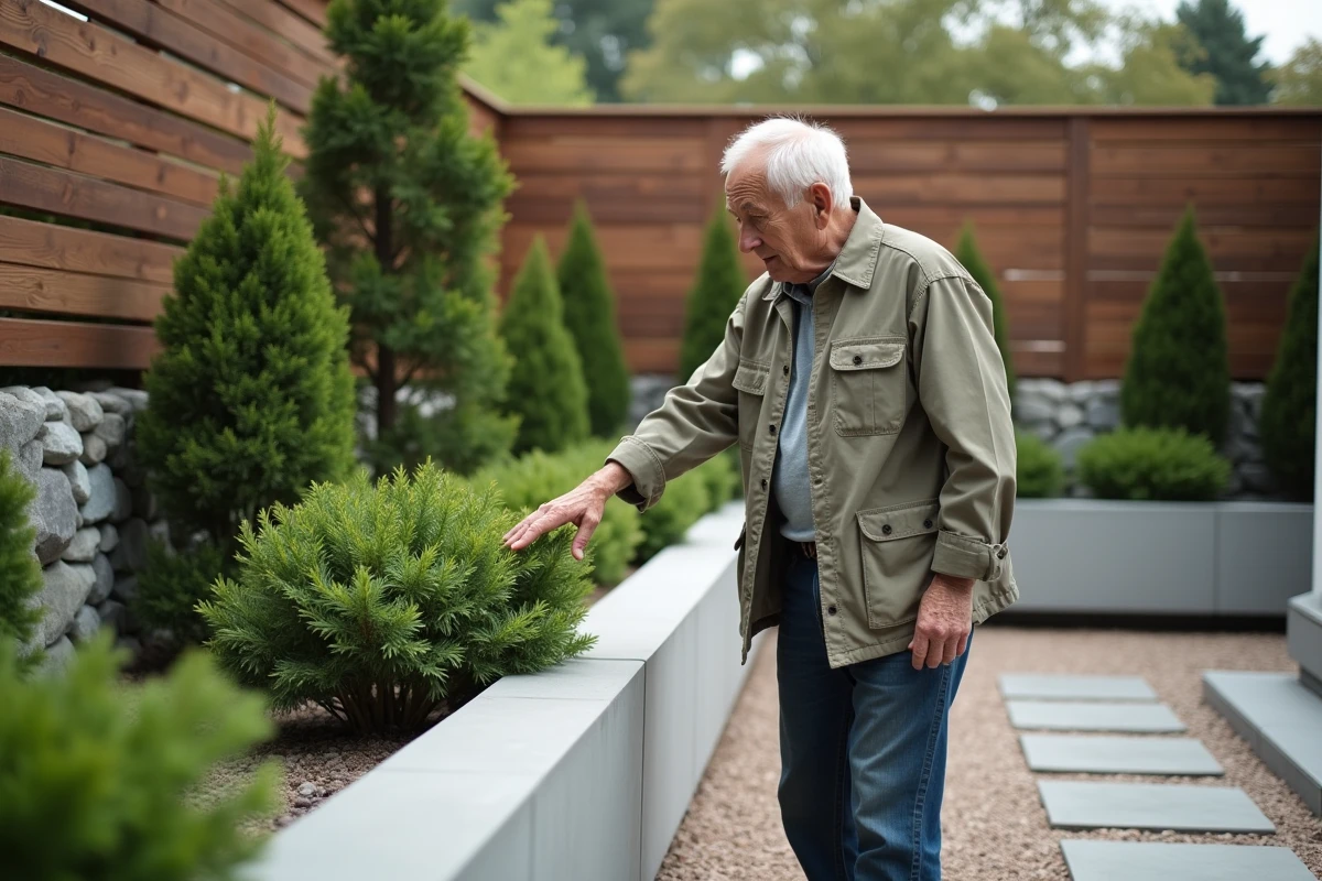 Homme âgé touchant les feuilles dans un jardin contemporain