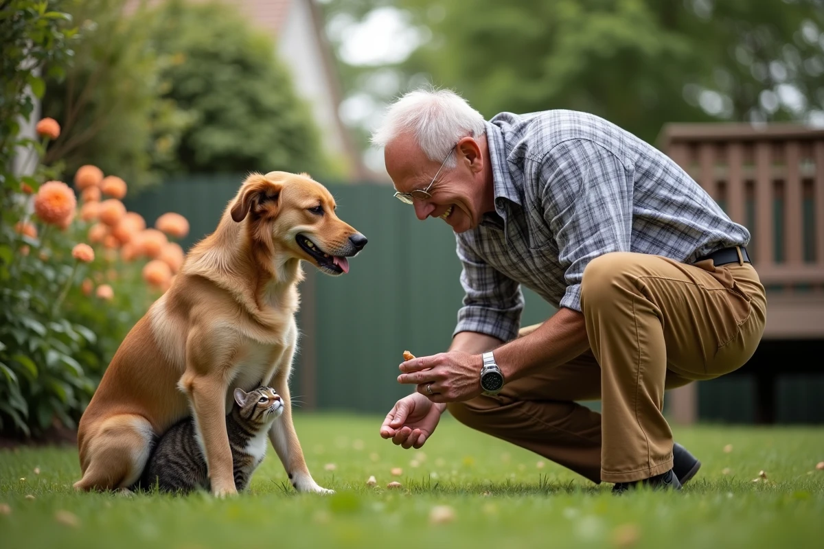 Homme âgé offrant des friandises à ses animaux dans le jardin