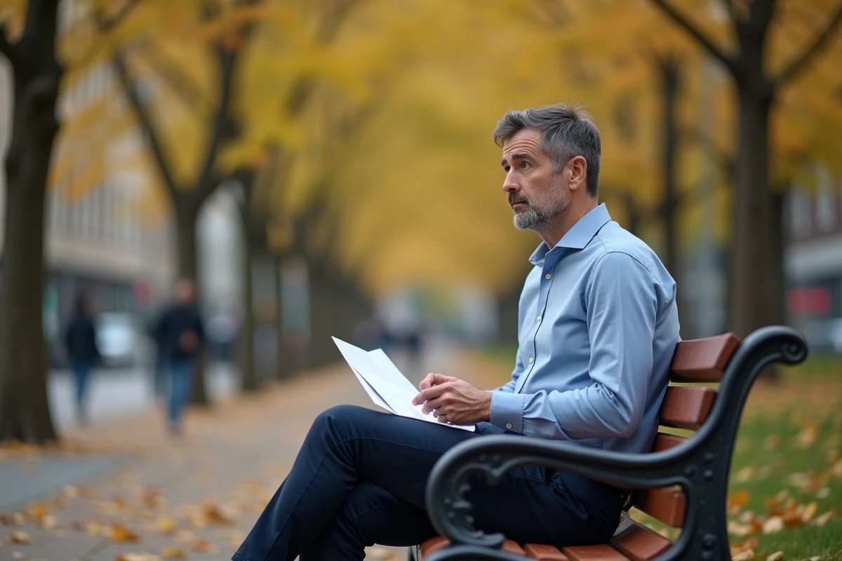 Homme assis sur un banc de parc en automne