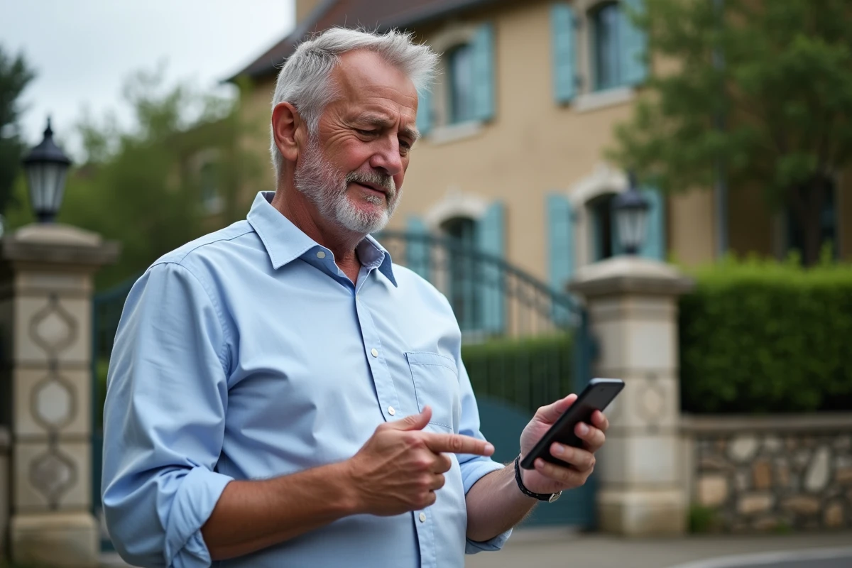 Homme évaluant un bien immobilier en consultant un guide en ligne sur smartphone devant une maison
