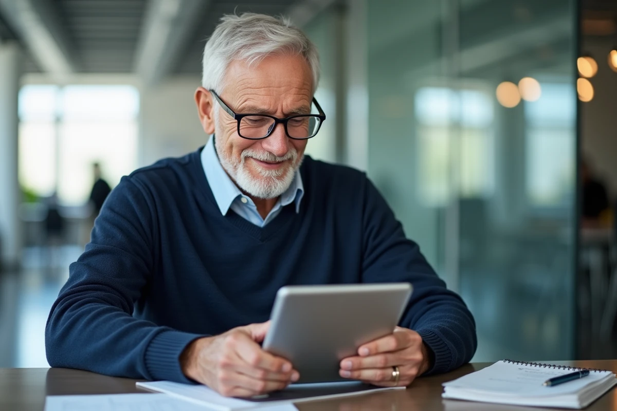 Homme âgé vérifiant ses finances sur une tablette en bureau