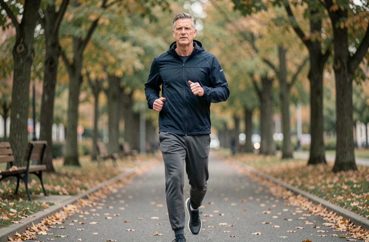Homme faisant du jogging dans un parc en automne dans le cadre d'un programme de perte de poids durable