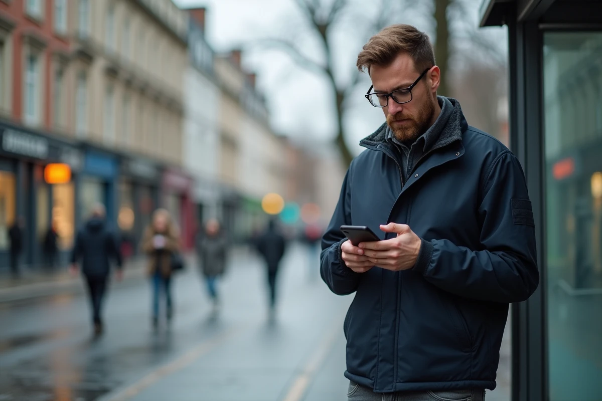 Homme utilisant une application de microcrédit rapide sur son téléphone en ville