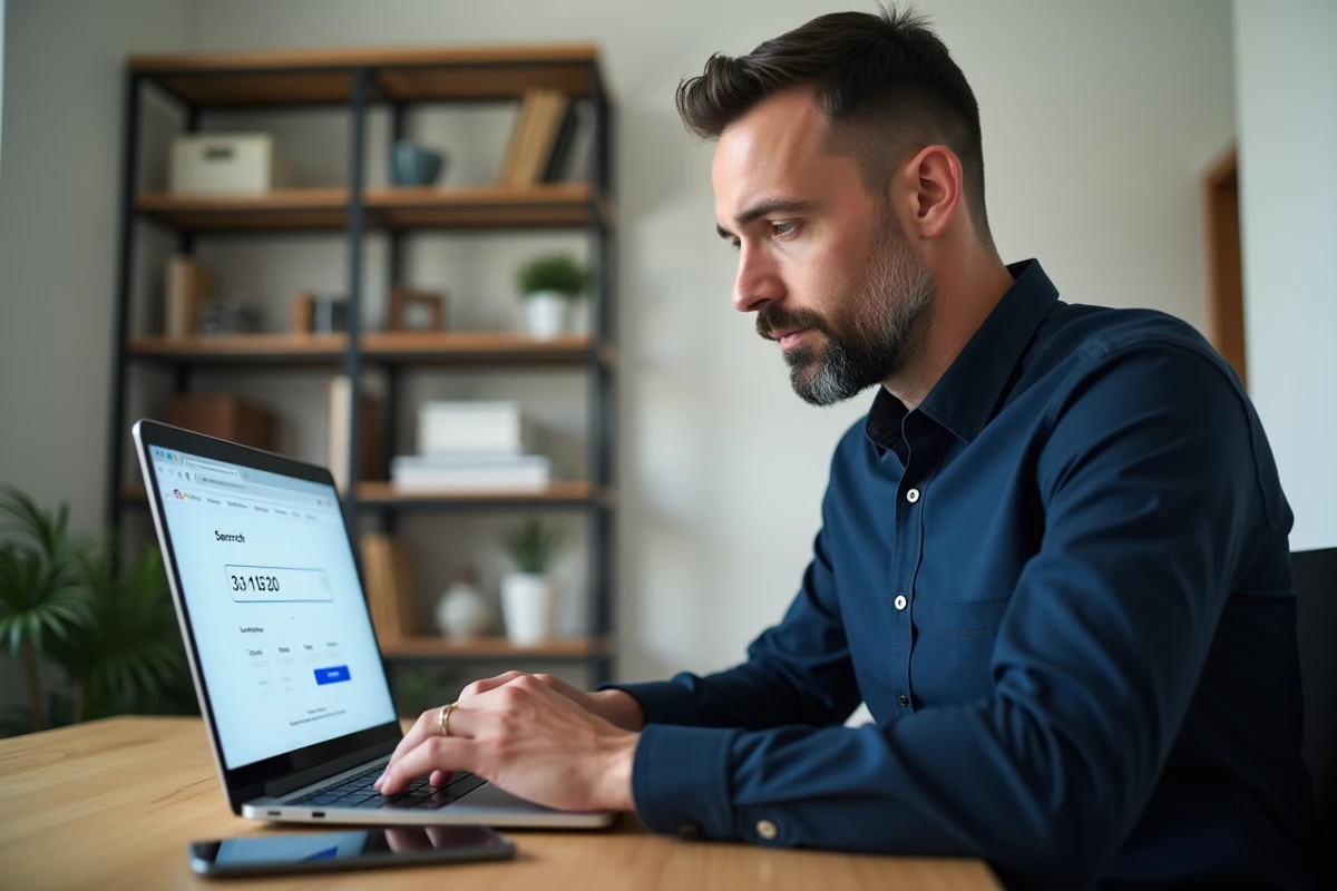 Homme effectuant une recherche d'annuaire inversé sur son ordinateur portable pour identifier un numéro