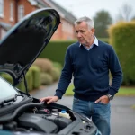 Homme d'âge moyen inspectant le moteur d'une voiture devant une maison