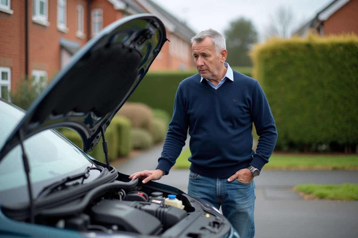 Homme d'âge moyen inspectant le moteur d'une voiture devant une maison