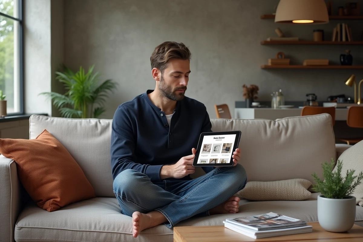 Homme consultant un site de tendances décoration sur tablette dans un salon contemporain de style parisien