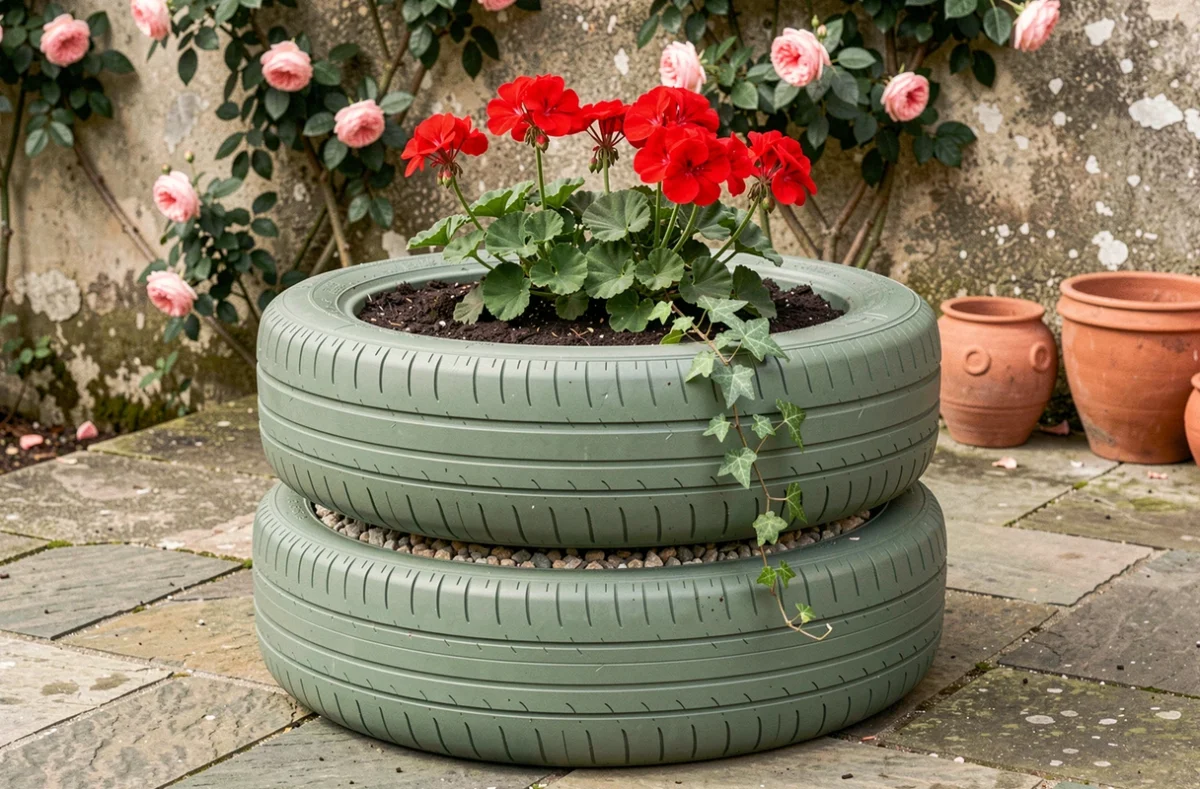 Jardinière surélevée réalisée avec des pneus peints en vert sauge empilés, remplie de géraniums rouges et de lierre sur un patio en pierre
