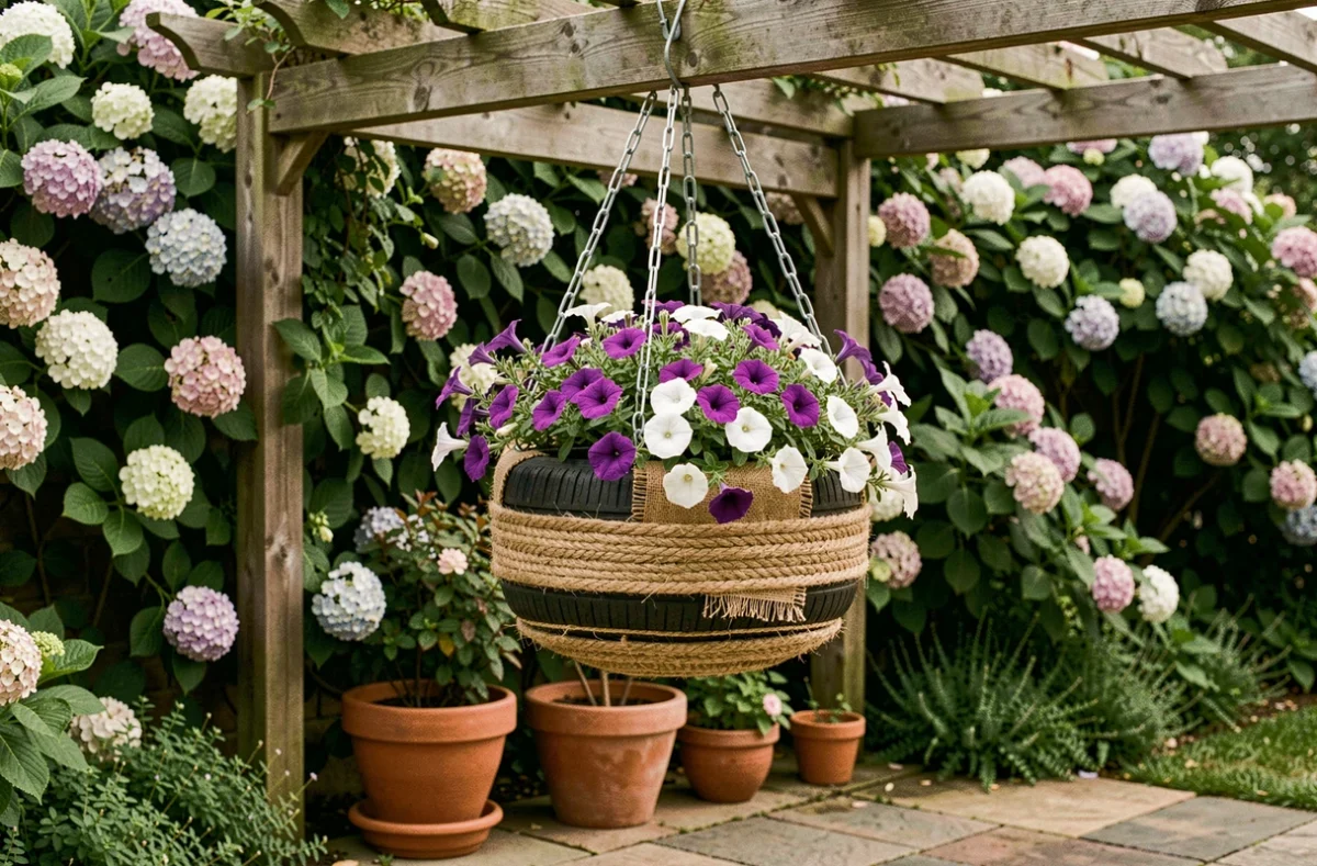 Jardinière suspendue faite d'un pneu gainé de jute naturel accroché par des chaînes galvanisées à une pergola, débordant de pétunias violets et blancs
