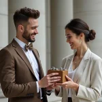 Jeune couple souriant échangeant cadeaux de mariage en ville