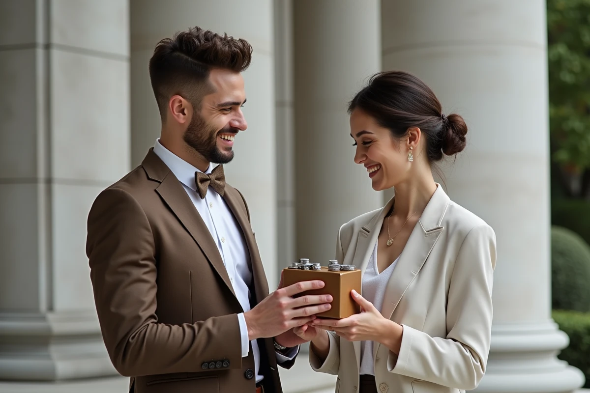 Jeune couple souriant échangeant cadeaux de mariage en ville