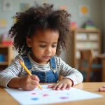 Jeune fille concentrée dessinant avec des crayons dans une classe
