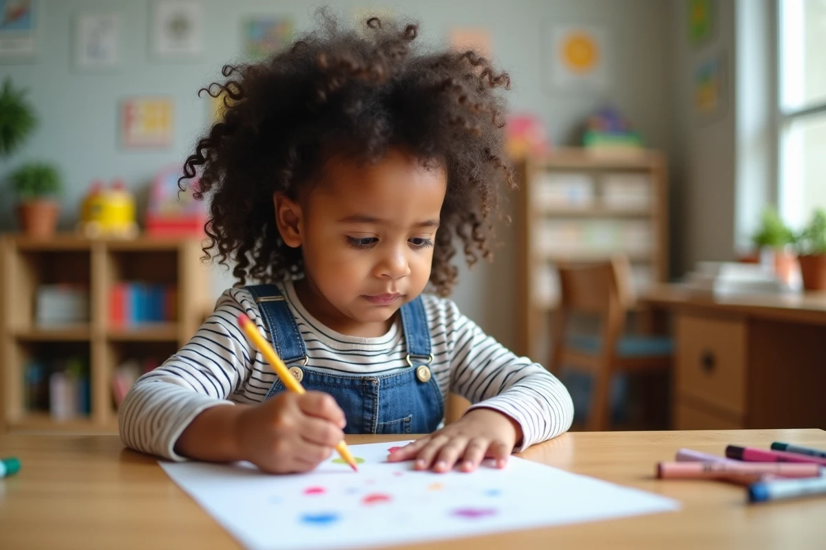 Jeune fille concentrée dessinant avec des crayons dans une classe