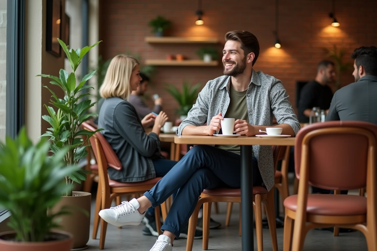 Homme souriant dans un café chic intérieur