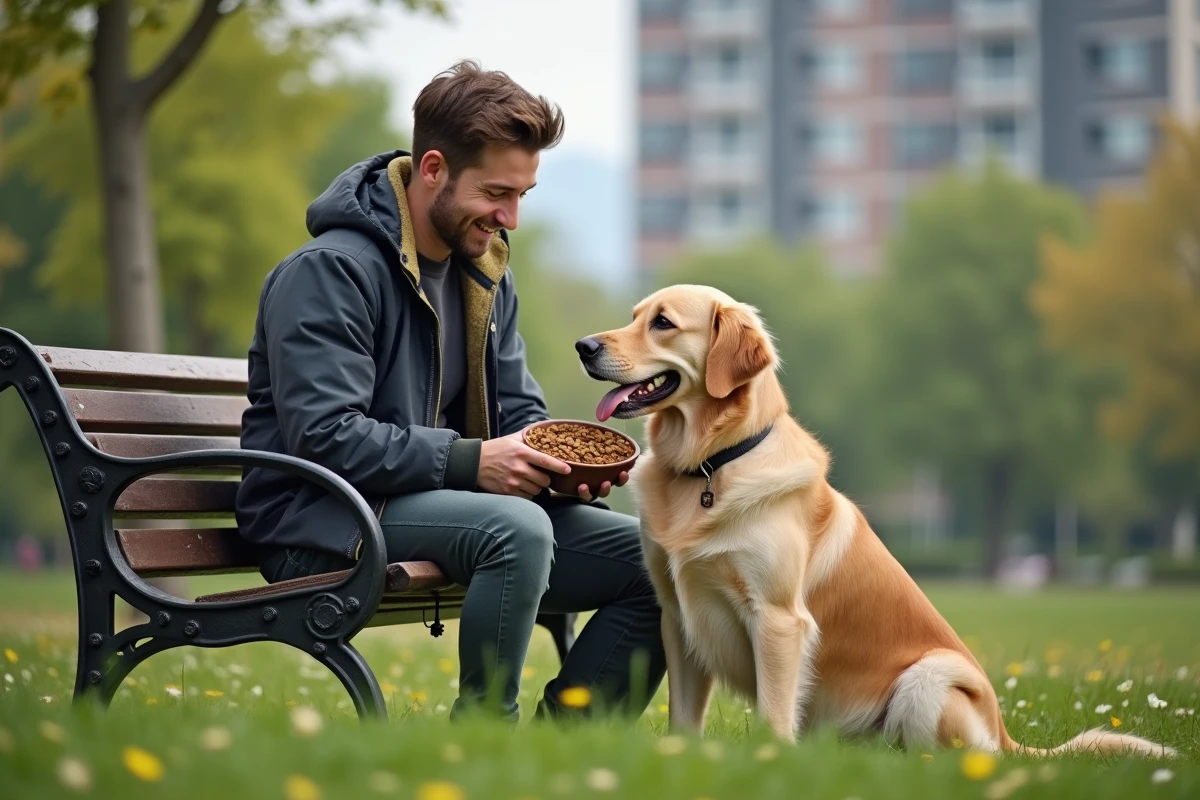 Jeune homme donnant à manger à son chien au parc