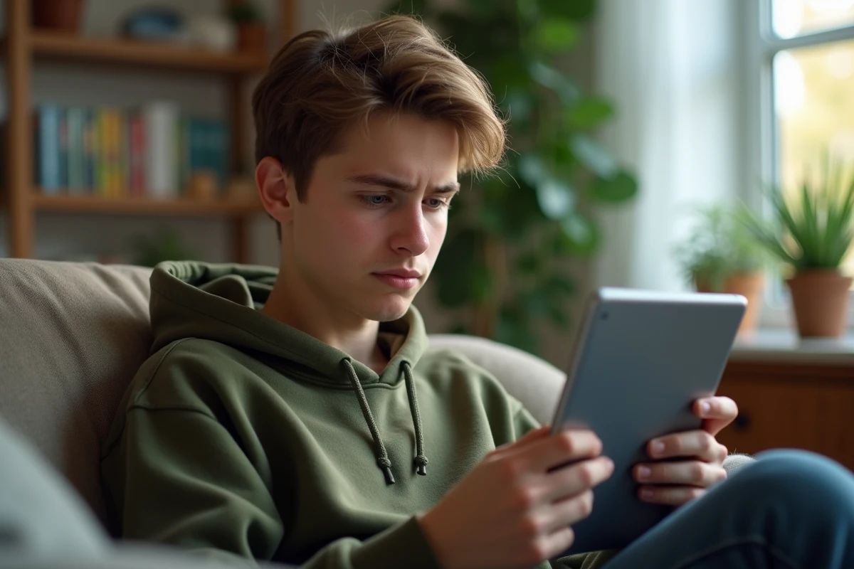Jeune personne utilisant une tablette pour identifier un numéro inconnu via un annuaire inversé dans un salon