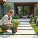 Femme souriante arrangeant des plantes dans un jardin moderne