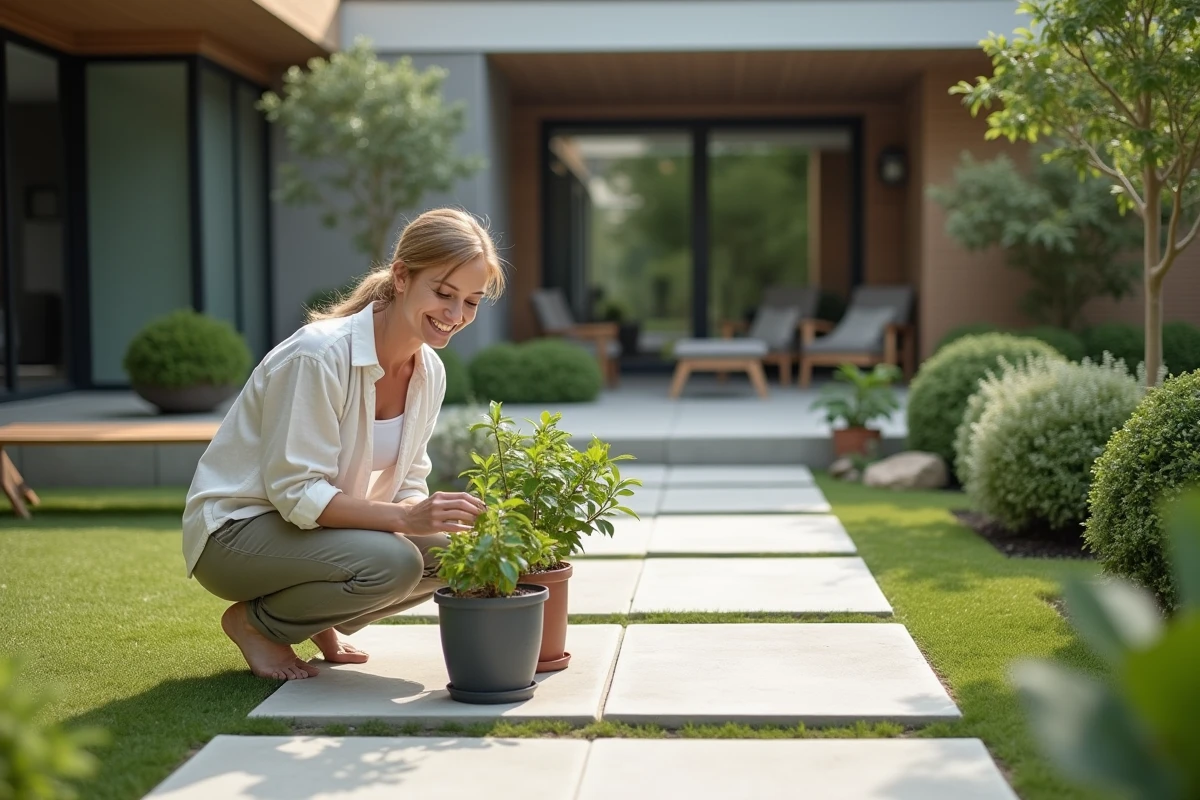 Femme souriante arrangeant des plantes dans un jardin moderne