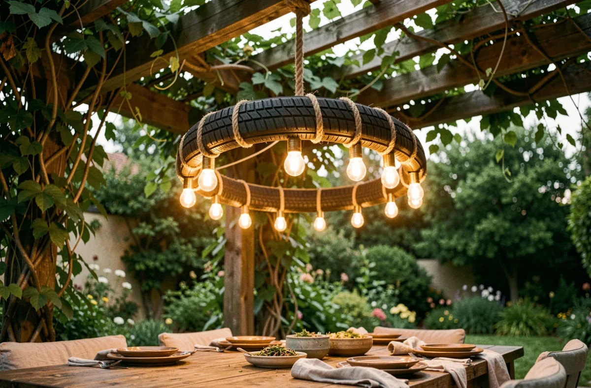 Luminaire suspendu d'extérieur fabriqué à partir d'une bande de roulement de pneu enroulée de corde avec des ampoules style Edison, suspendu à une pergola en bois