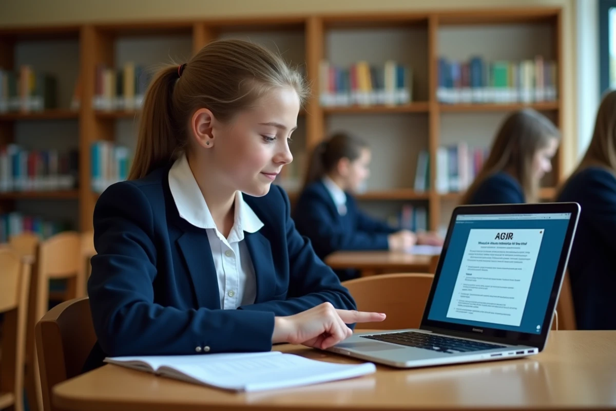 Lycéenne qui révise l'ASSR en ligne dans une bibliothèque scolaire avec un manuel de sécurité routière