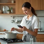 Maman multitâche dans une cuisine moderne tenant un smartphone avec liste de courses tout en cuisinant