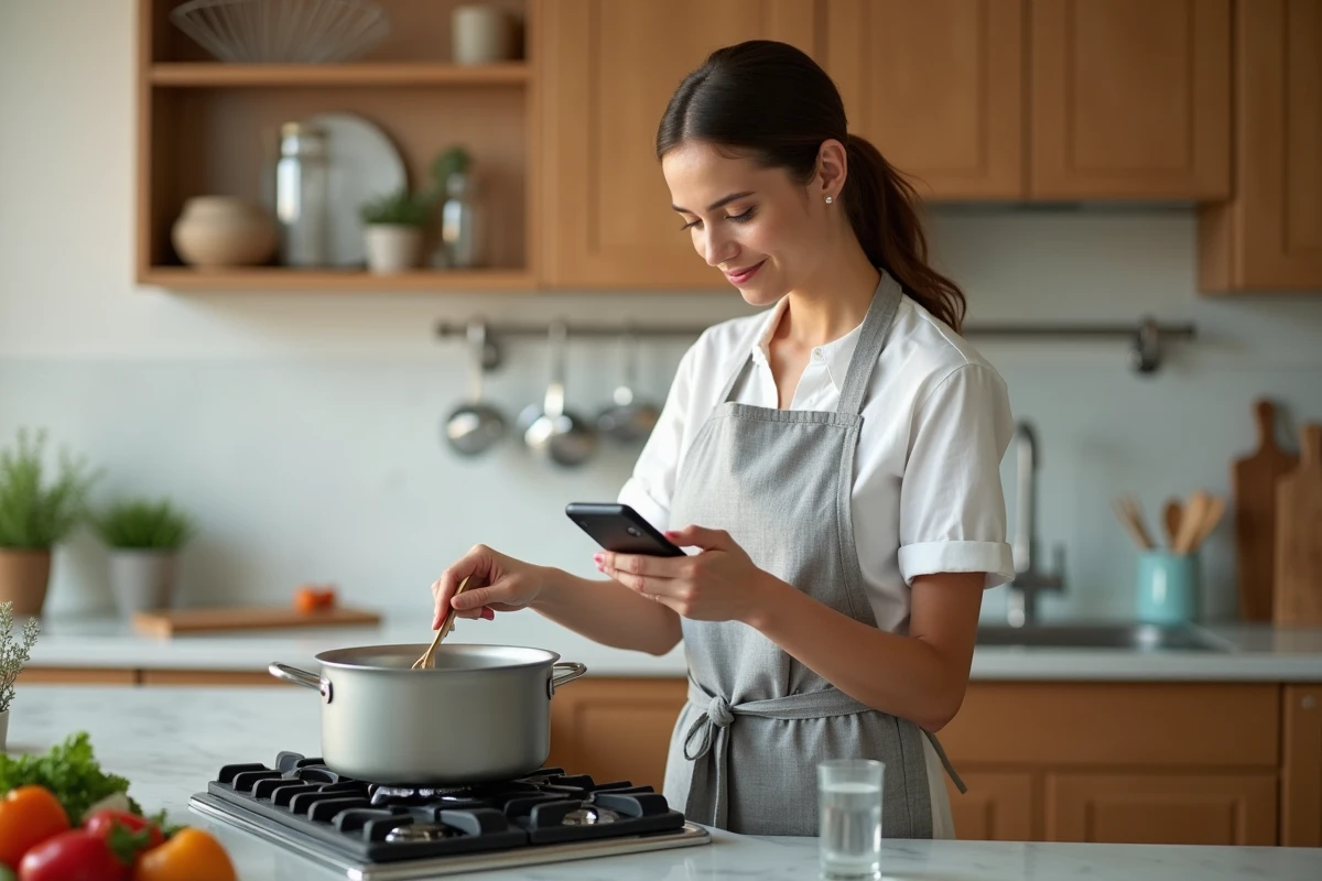 Maman multitâche dans une cuisine moderne tenant un smartphone avec liste de courses tout en cuisinant