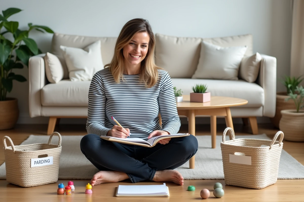 Maman organisée assise sur le sol du salon entourée de paniers de rangement et écrivant dans un agenda