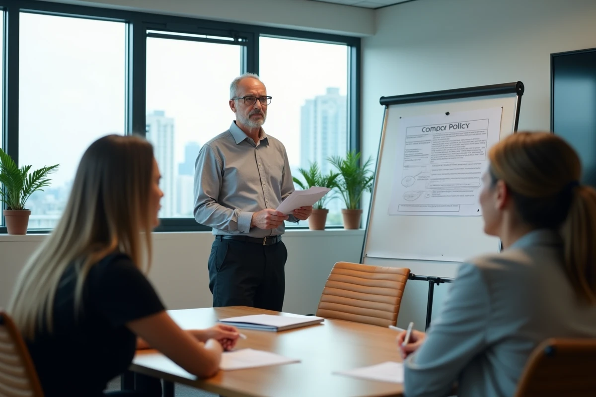 Manager présentant le règlement intérieur lors d'une réunion d'équipe en salle de conférence
