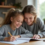 Mère aidant sa fille avec les devoirs, application de contrôle parental visible sur smartphone, ambiance cuisine chaleureuse